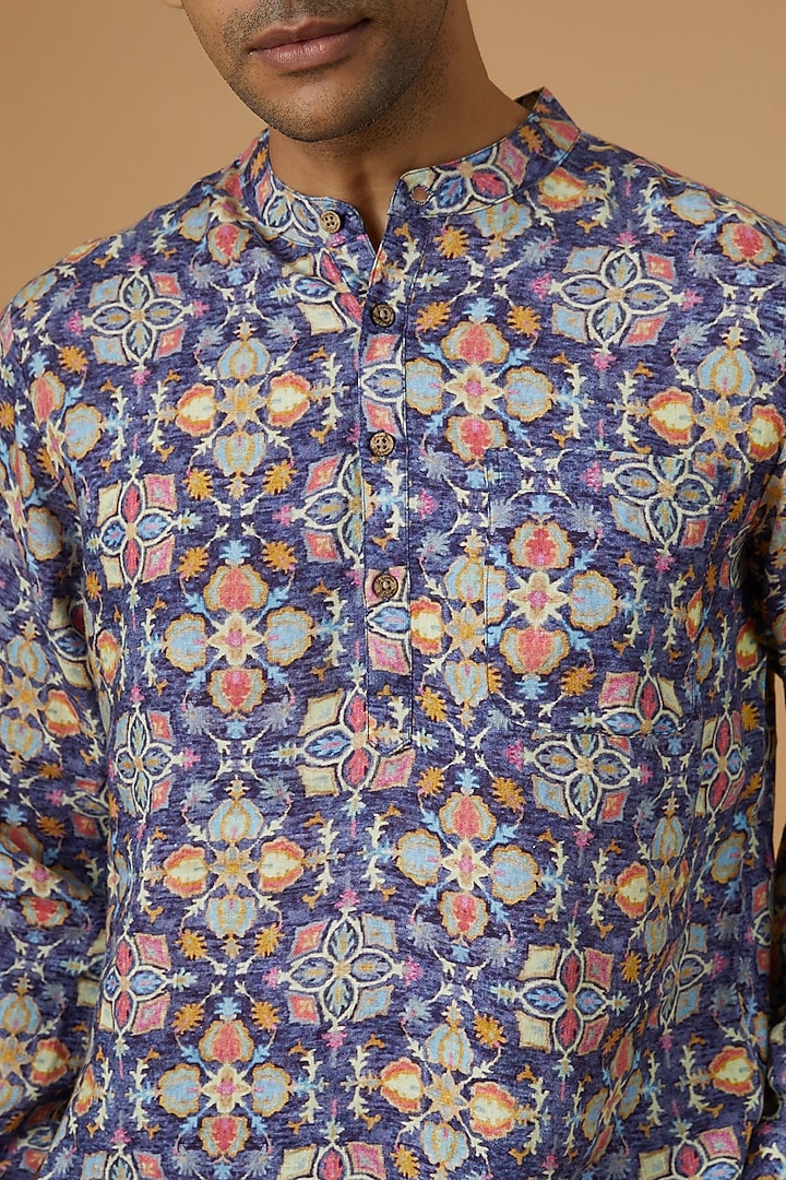 Purple Linen Printed Short Kurta by Linen Bloom Men at Pernia's Pop Up Shop