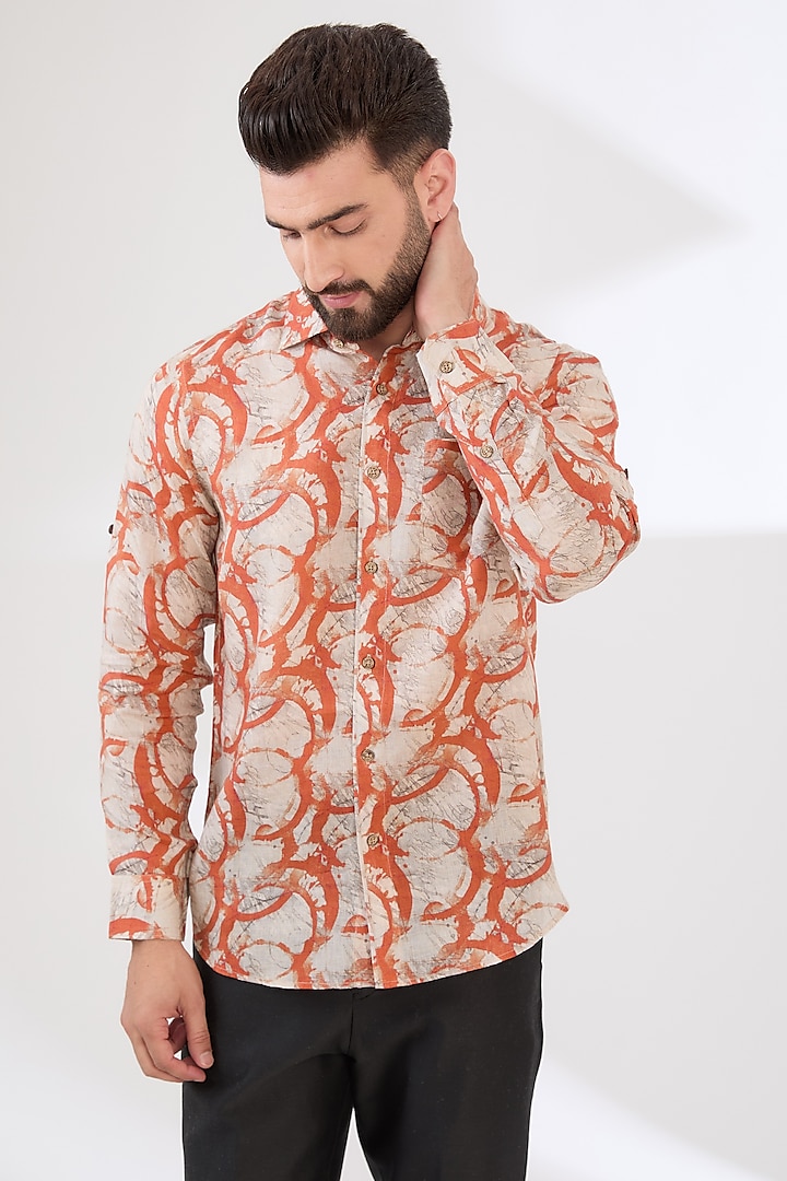 Multi-Colored Linen Printed Shirt by Linen Bloom Men