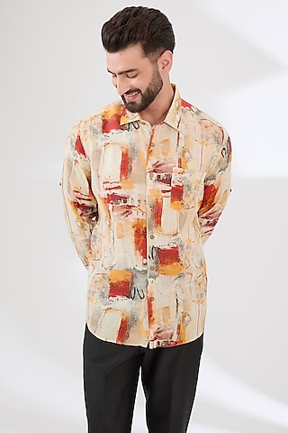 Multi-Colored Linen Printed Shirt by Linen Bloom Men