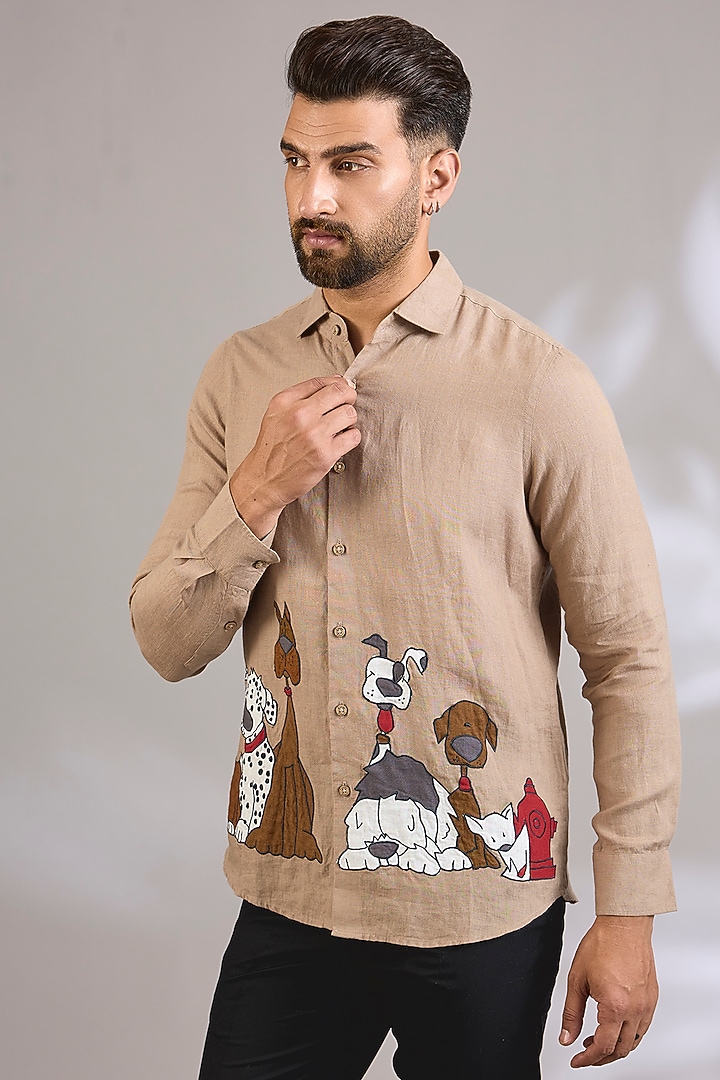 Khaki Linen Wedding Shirt by Linen Bloom Men at Pernia's Pop Up Shop