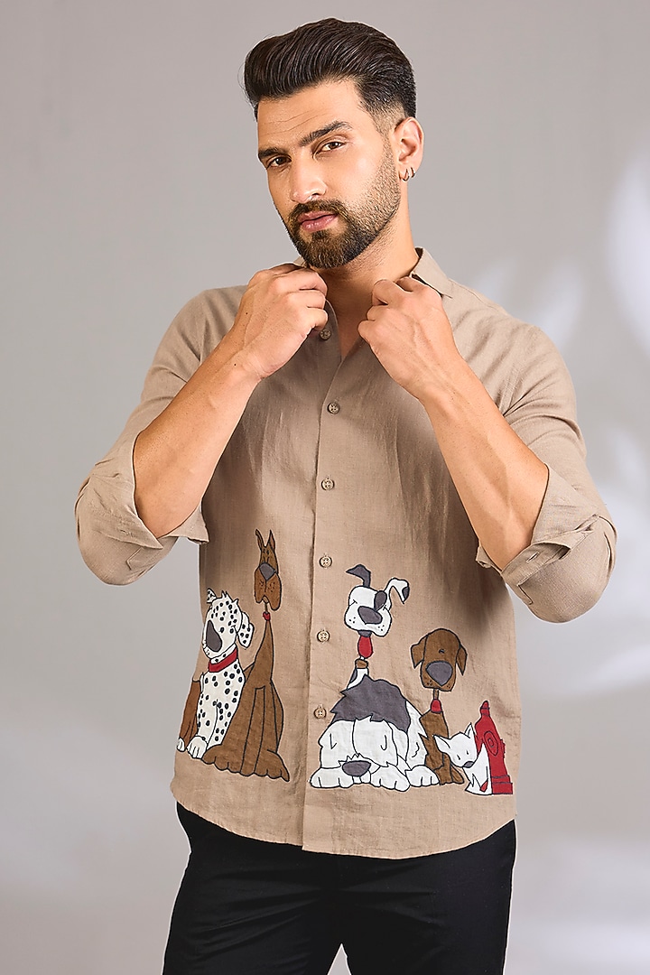 Khaki Linen Wedding Shirt by Linen Bloom Men at Pernia's Pop Up Shop