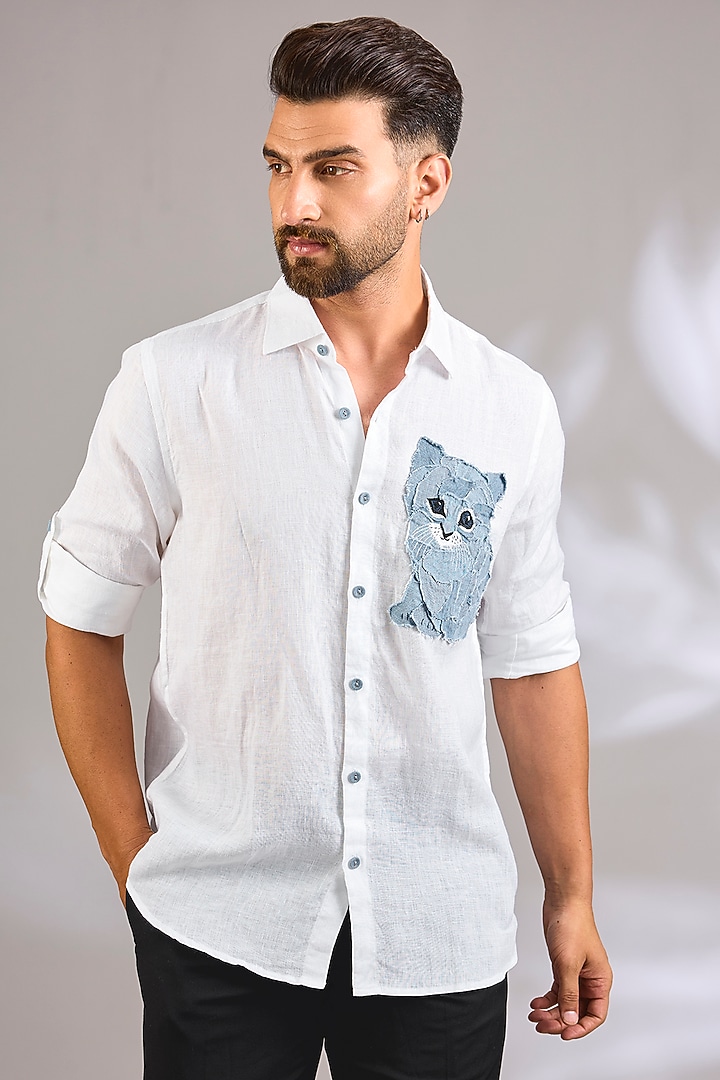 White Linen Party Wear Shirt by Linen Bloom Men at Pernia's Pop Up Shop
