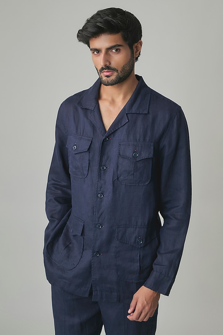 Navy Linen Jacket by Linen Bloom Men at Pernia's Pop Up Shop
