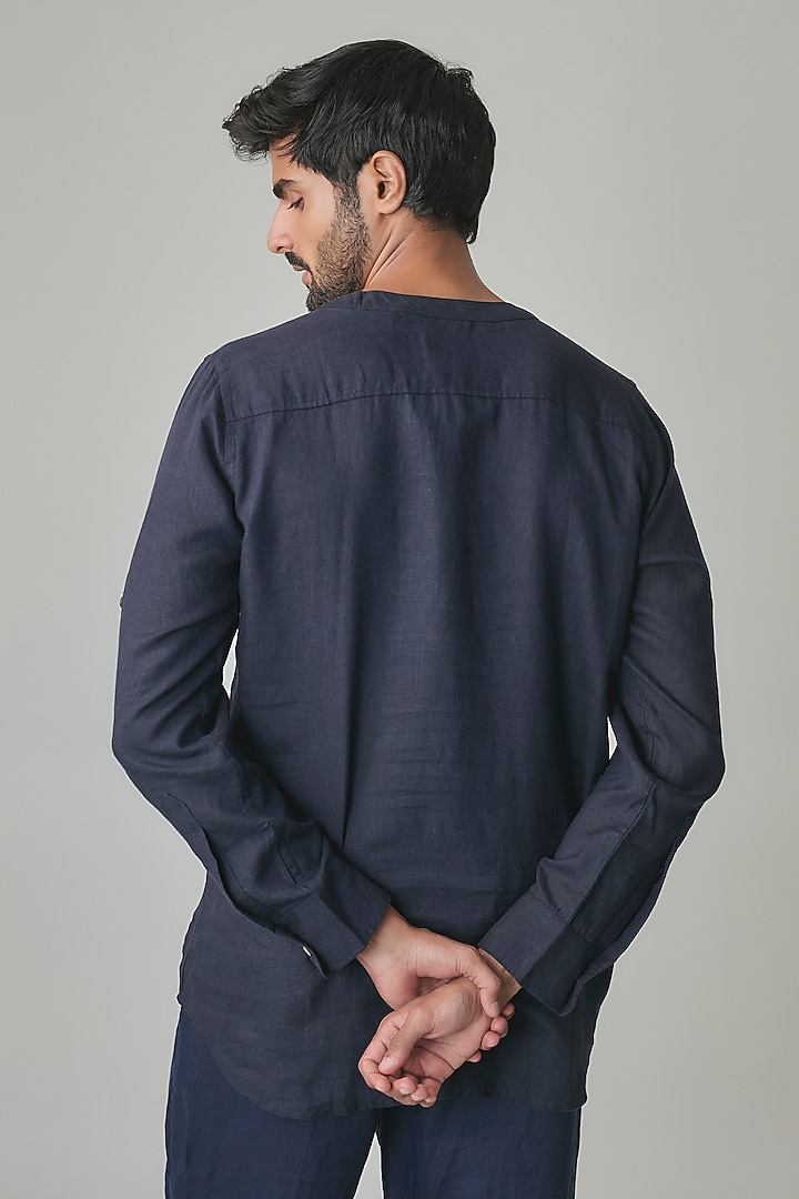 Navy Linen Kurta by Linen Bloom Men at Pernia's Pop Up Shop