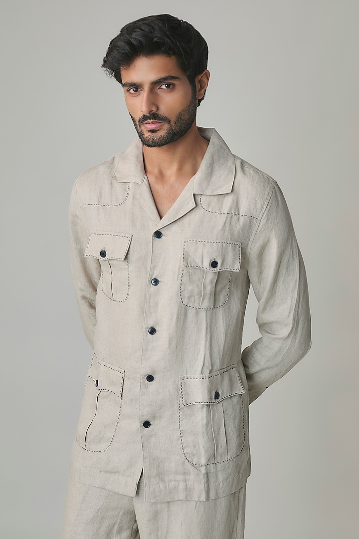 Dark Beige Linen Jacket by Linen Bloom Men at Pernia's Pop Up Shop