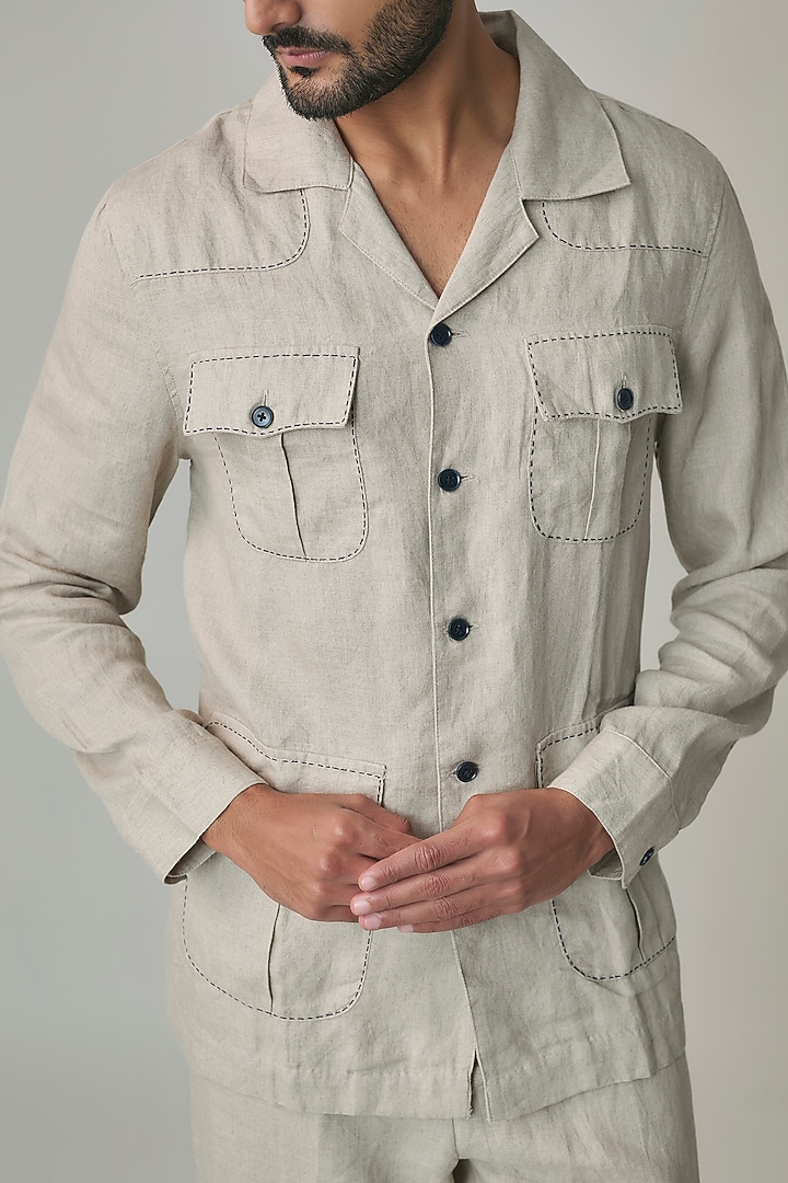 Dark Beige Linen Jacket by Linen Bloom Men at Pernia's Pop Up Shop