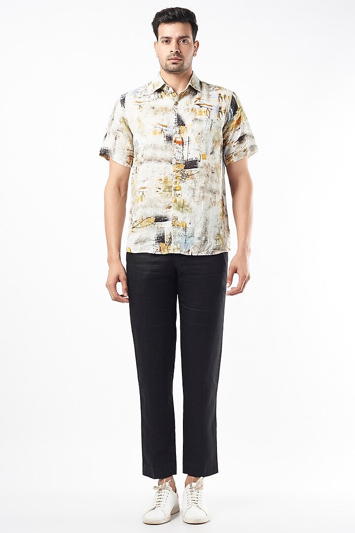 White Digital Printed Party Wear Shirt by Linen Bloom Men at Pernia's Pop Up Shop