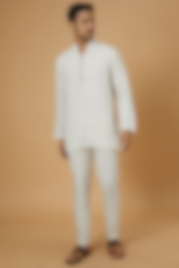 Beige Linen Striped Kurta by Linen Bloom Men at Pernia's Pop Up Shop