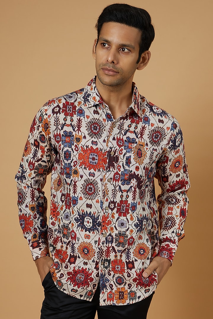 Multi-Colored Linen Printed Shirt by Linen Bloom Men