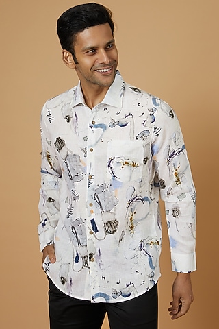 White Linen Printed Shirt by Linen Bloom Men