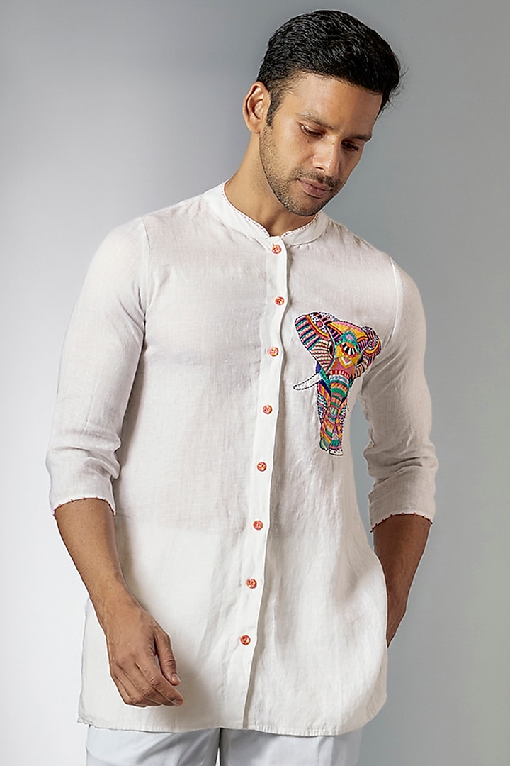 White Pure Linen Embroidered Shirt by Linen Bloom Men