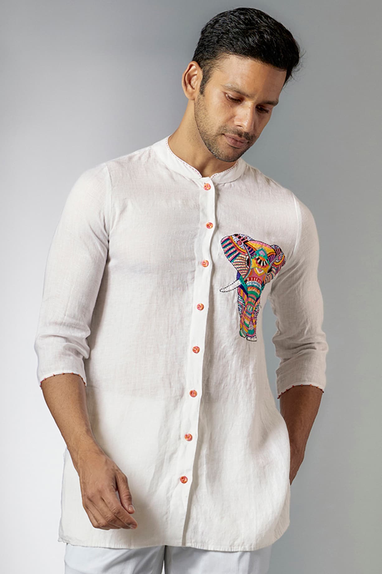 Beige Embroidered Shirt Design by SHIRRIN DESIGN CO. MEN at Pernia's Pop Up  Shop 2024