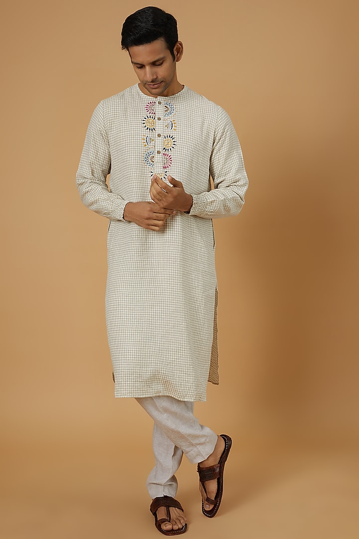 Beige Linen Embroidered Kurta by Linen Bloom Men