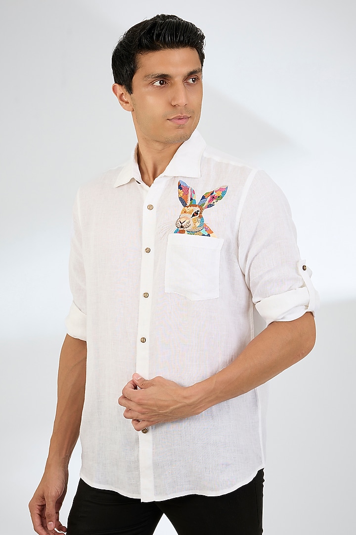 White Linen Party Wear Shirt by Linen Bloom Men at Pernia's Pop Up Shop