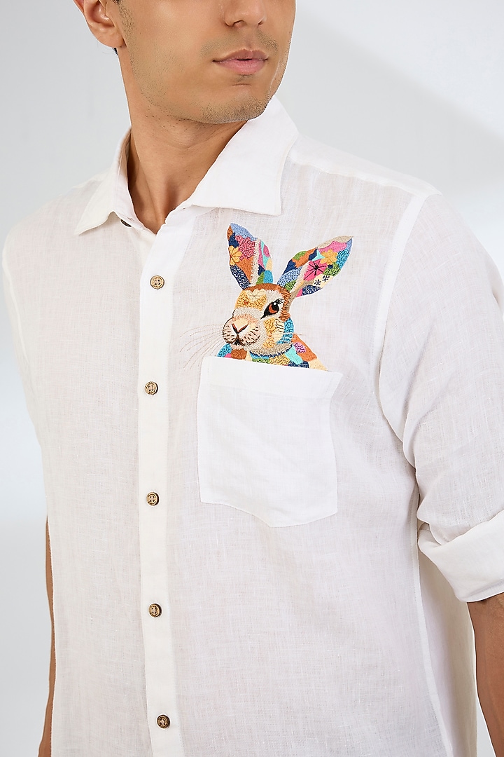 White Linen Party Wear Shirt by Linen Bloom Men at Pernia's Pop Up Shop