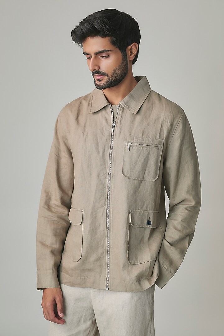 Khaki Linen Jacket by Linen Bloom Men at Pernia's Pop Up Shop