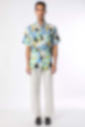 Turquoise Linen Printed Shirt by Linen Bloom Men