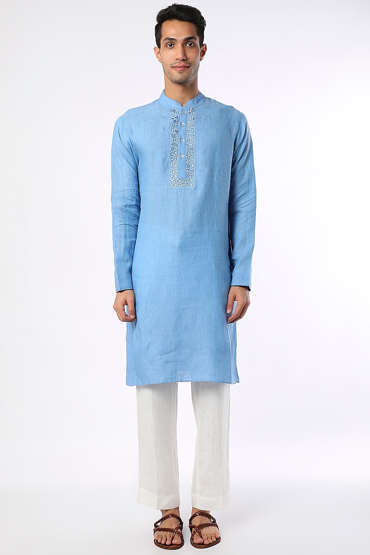 Sky Blue Embroidered Kurta Design by Linen Bloom Men at Pernia's Pop Up ...