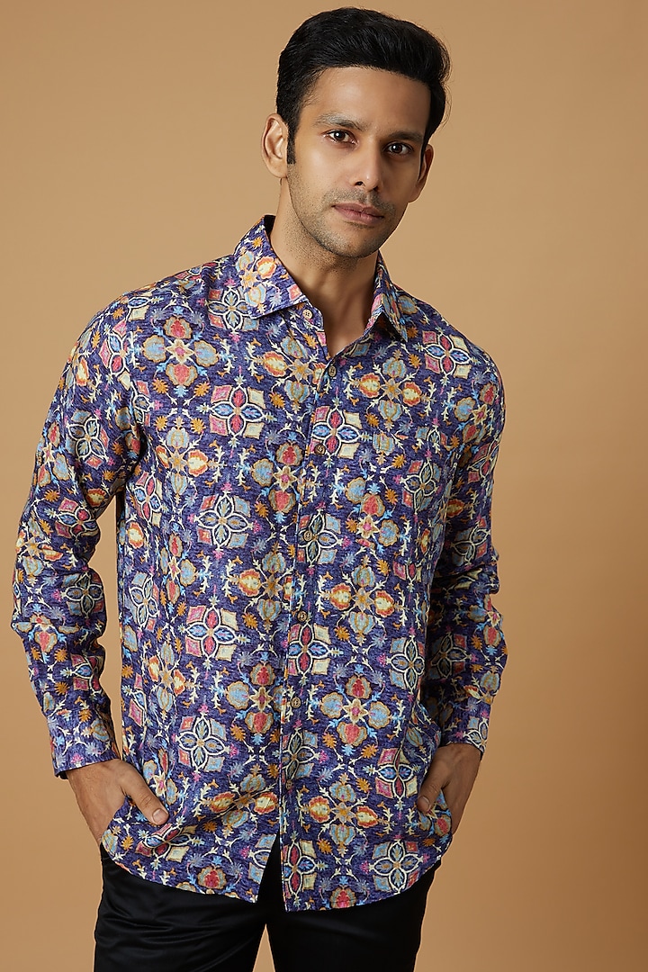 Purple Linen Digital Printed Shirt by Linen Bloom Men