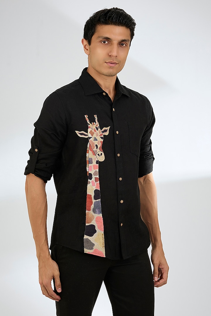 Black Linen Party Wear Shirt by Linen Bloom Men at Pernia's Pop Up Shop