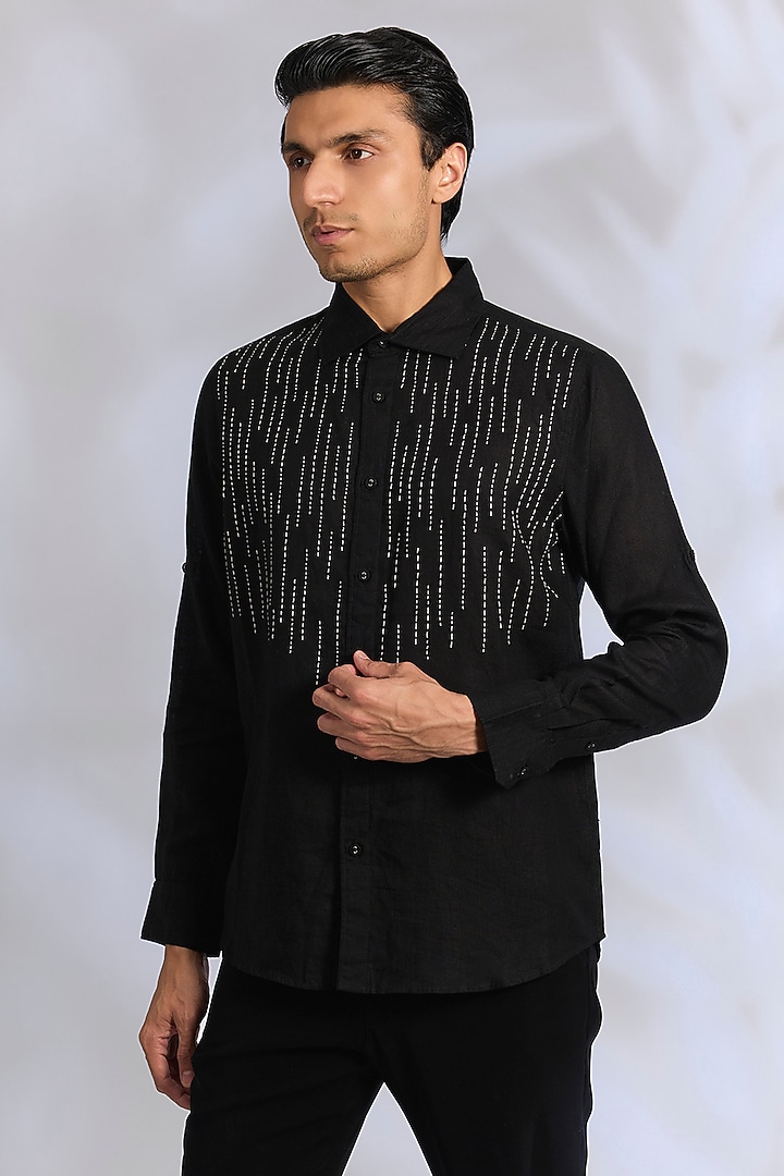 Black Linen Party Wear Shirt by Linen Bloom Men at Pernia's Pop Up Shop