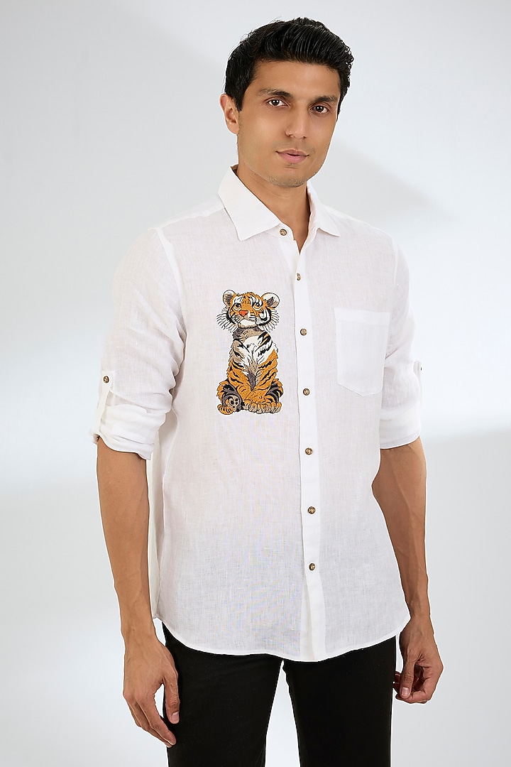 White Linen Party Wear Shirt by Linen Bloom Men at Pernia's Pop Up Shop