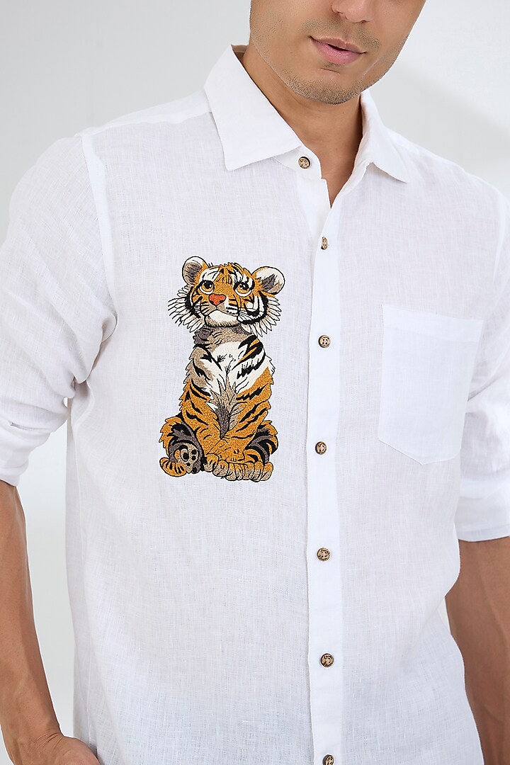 White Linen Party Wear Shirt by Linen Bloom Men at Pernia's Pop Up Shop