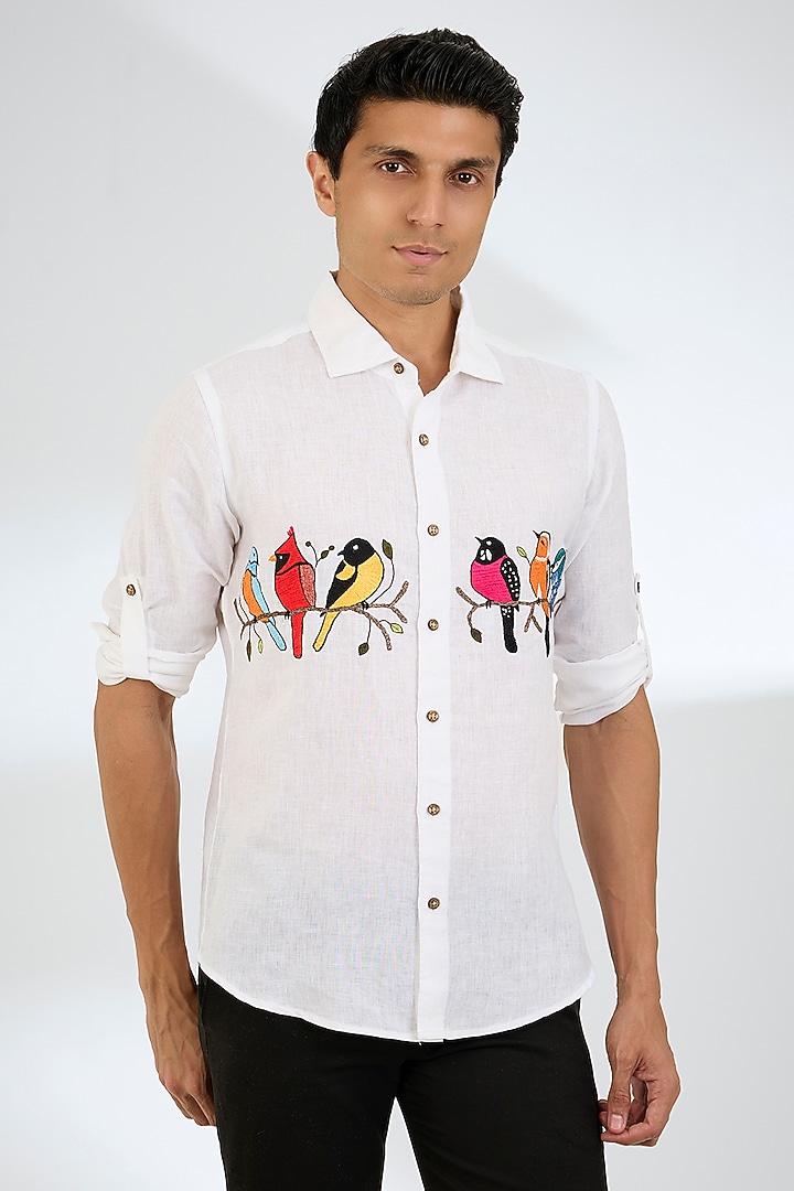 White Linen Party Wear Shirt by Linen Bloom Men at Pernia's Pop Up Shop