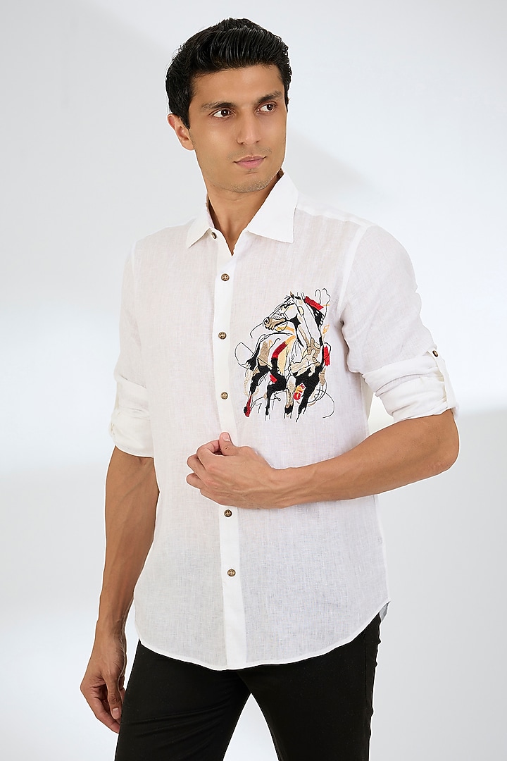 White Linen Party Wear Shirt by Linen Bloom Men at Pernia's Pop Up Shop