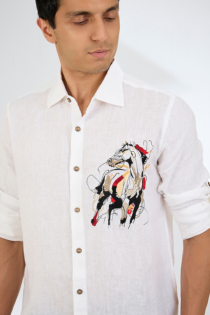 White Linen Party Wear Shirt by Linen Bloom Men at Pernia's Pop Up Shop