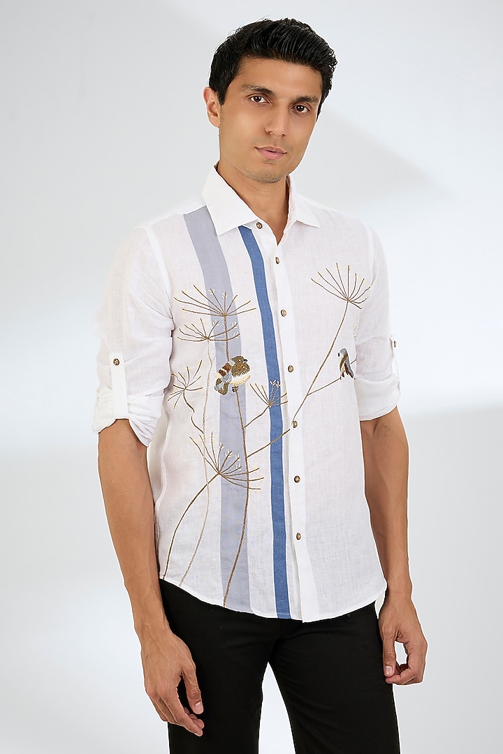 White Linen Party Wear Shirt by Linen Bloom Men at Pernia's Pop Up Shop