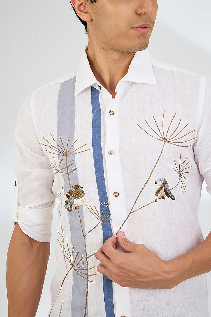 White Linen Party Wear Shirt by Linen Bloom Men at Pernia's Pop Up Shop