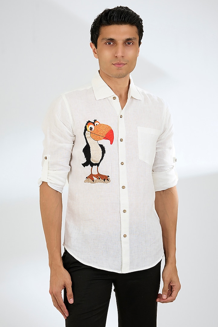 White Linen Party Wear Shirt by Linen Bloom Men at Pernia's Pop Up Shop