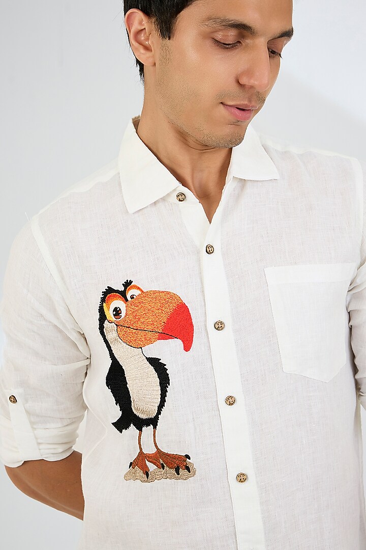 White Linen Party Wear Shirt by Linen Bloom Men at Pernia's Pop Up Shop