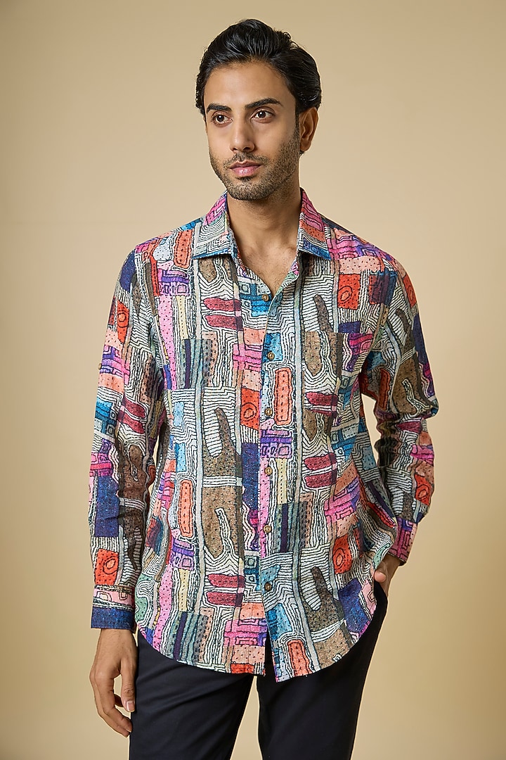 Multi-Colored Linen Printed Party Wear Shirt by Linen Bloom Men at Pernia's Pop Up Shop