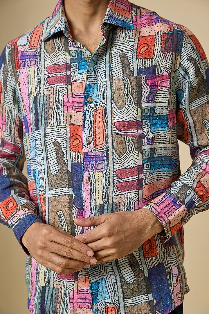 Multi-Colored Linen Printed Party Wear Shirt by Linen Bloom Men at Pernia's Pop Up Shop