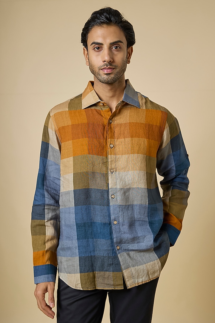 Mustard Linen Checkered Party Wear Shirt by Linen Bloom Men at Pernia's Pop Up Shop