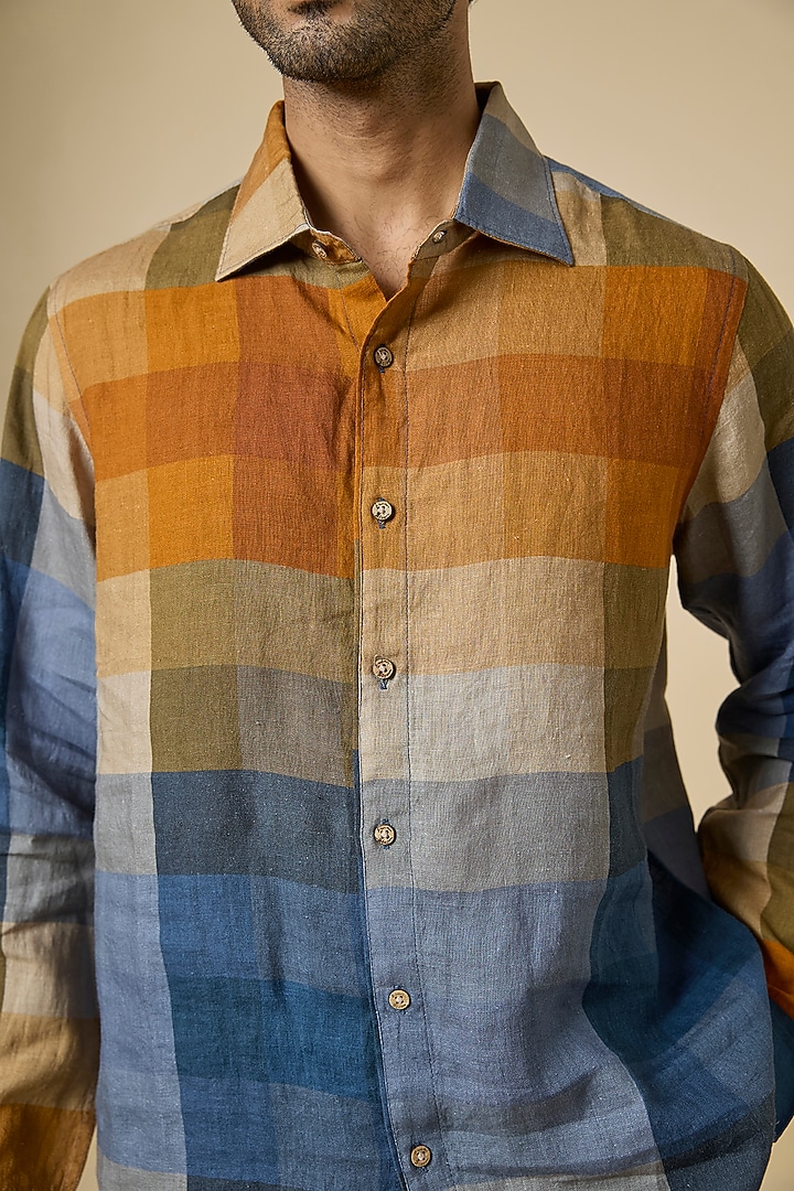 Mustard Linen Checkered Party Wear Shirt by Linen Bloom Men at Pernia's Pop Up Shop