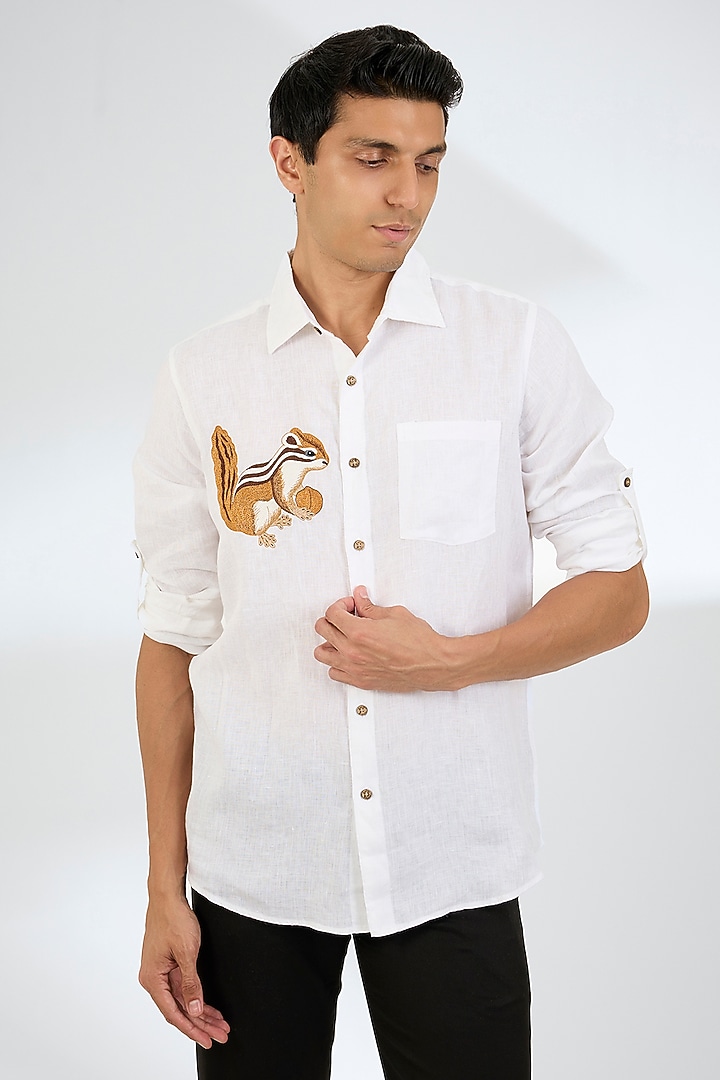 White Linen Party Wear Shirt by Linen Bloom Men at Pernia's Pop Up Shop