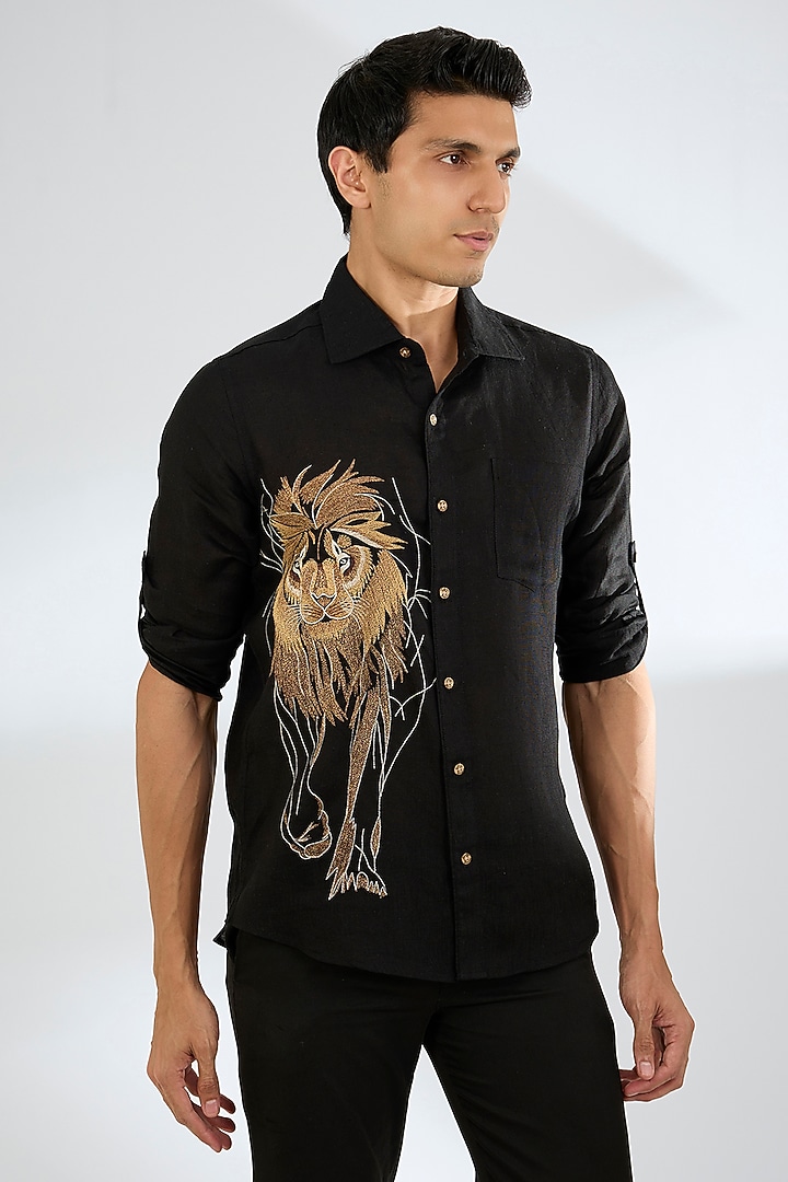 Black Linen Party Wear Shirt by Linen Bloom Men at Pernia's Pop Up Shop