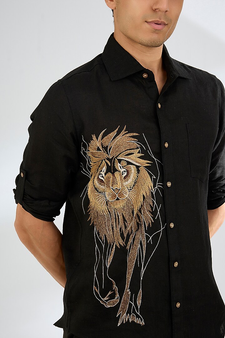 Black Linen Party Wear Shirt by Linen Bloom Men at Pernia's Pop Up Shop