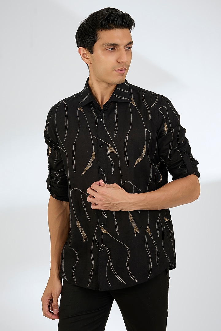 Black Linen Party Wear Shirt by Linen Bloom Men at Pernia's Pop Up Shop