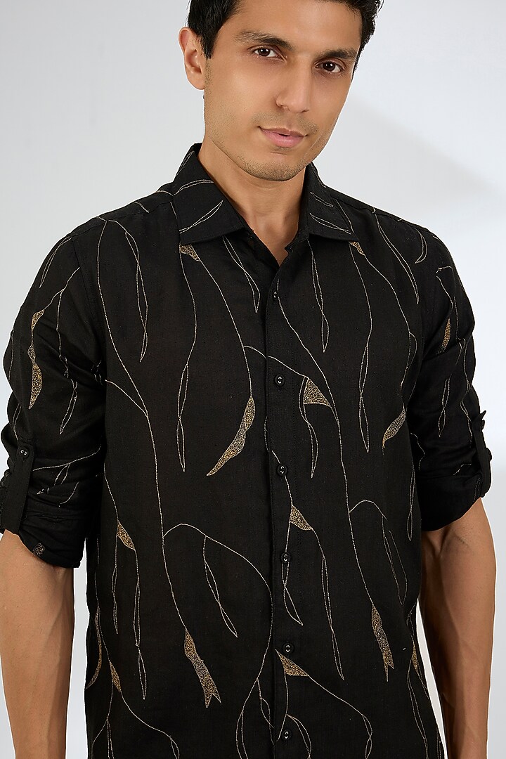 Black Linen Party Wear Shirt by Linen Bloom Men at Pernia's Pop Up Shop