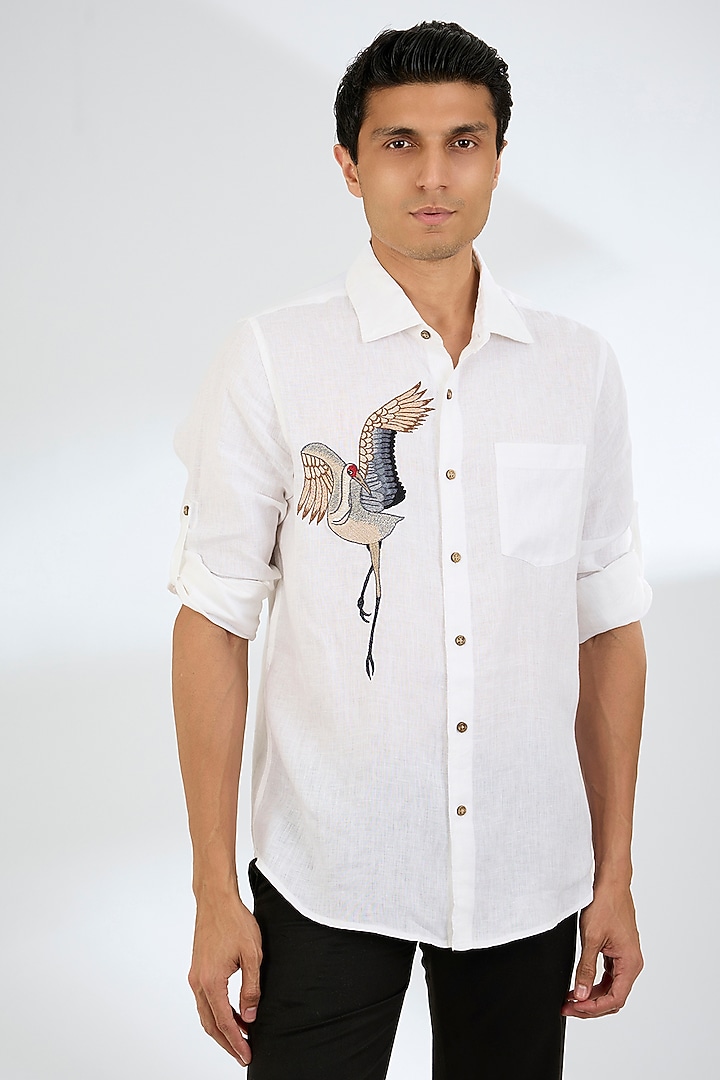 White Linen Party Wear Shirt by Linen Bloom Men at Pernia's Pop Up Shop