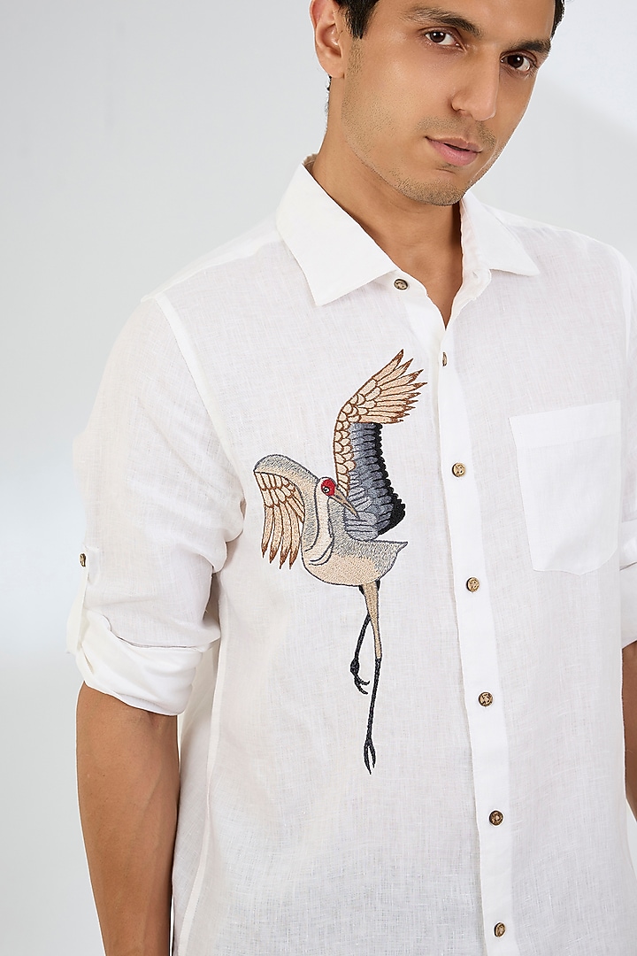 White Linen Party Wear Shirt by Linen Bloom Men at Pernia's Pop Up Shop