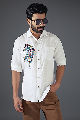 White Pure Linen Embroidered Shirt by Linen Bloom Men