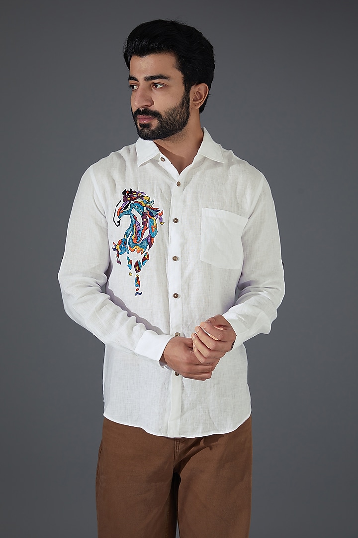 White Pure Linen Embroidered Shirt Design by Linen Bloom Men at Pernia — free download