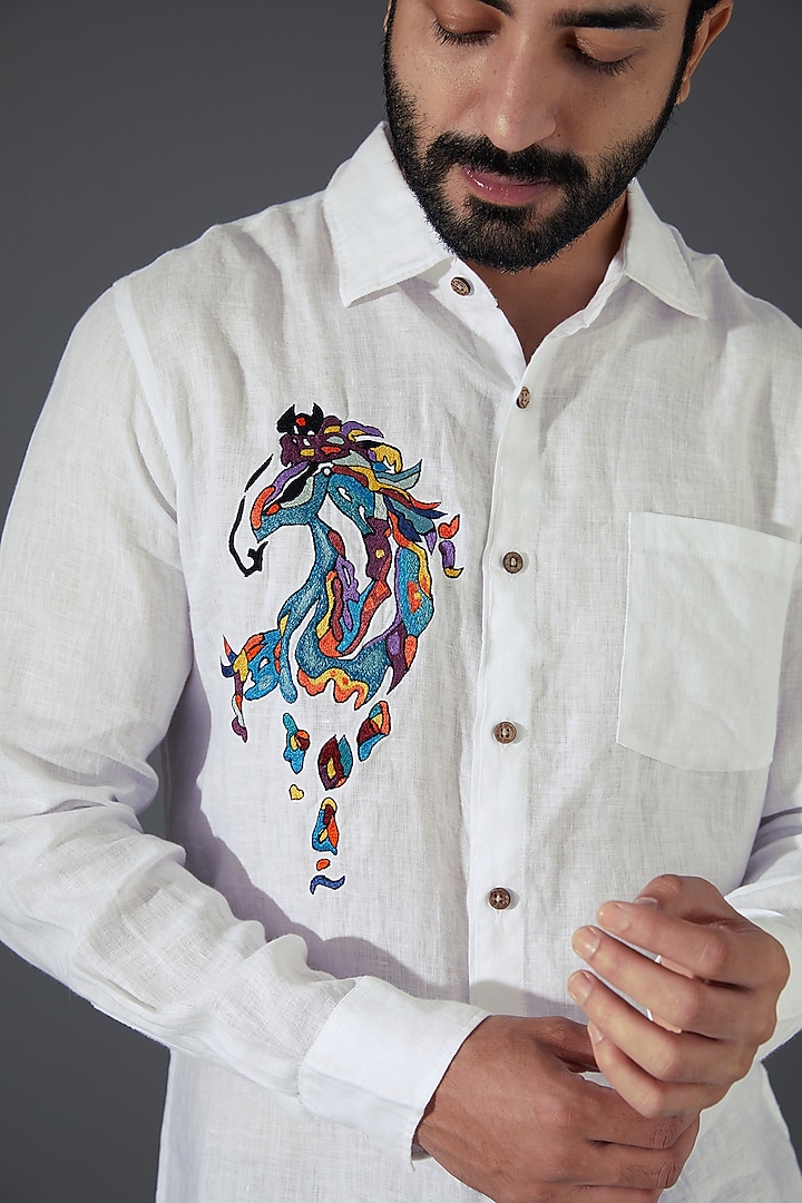 White Pure Linen Embroidered Party Wear Shirt by Linen Bloom Men at Pernia's Pop Up Shop