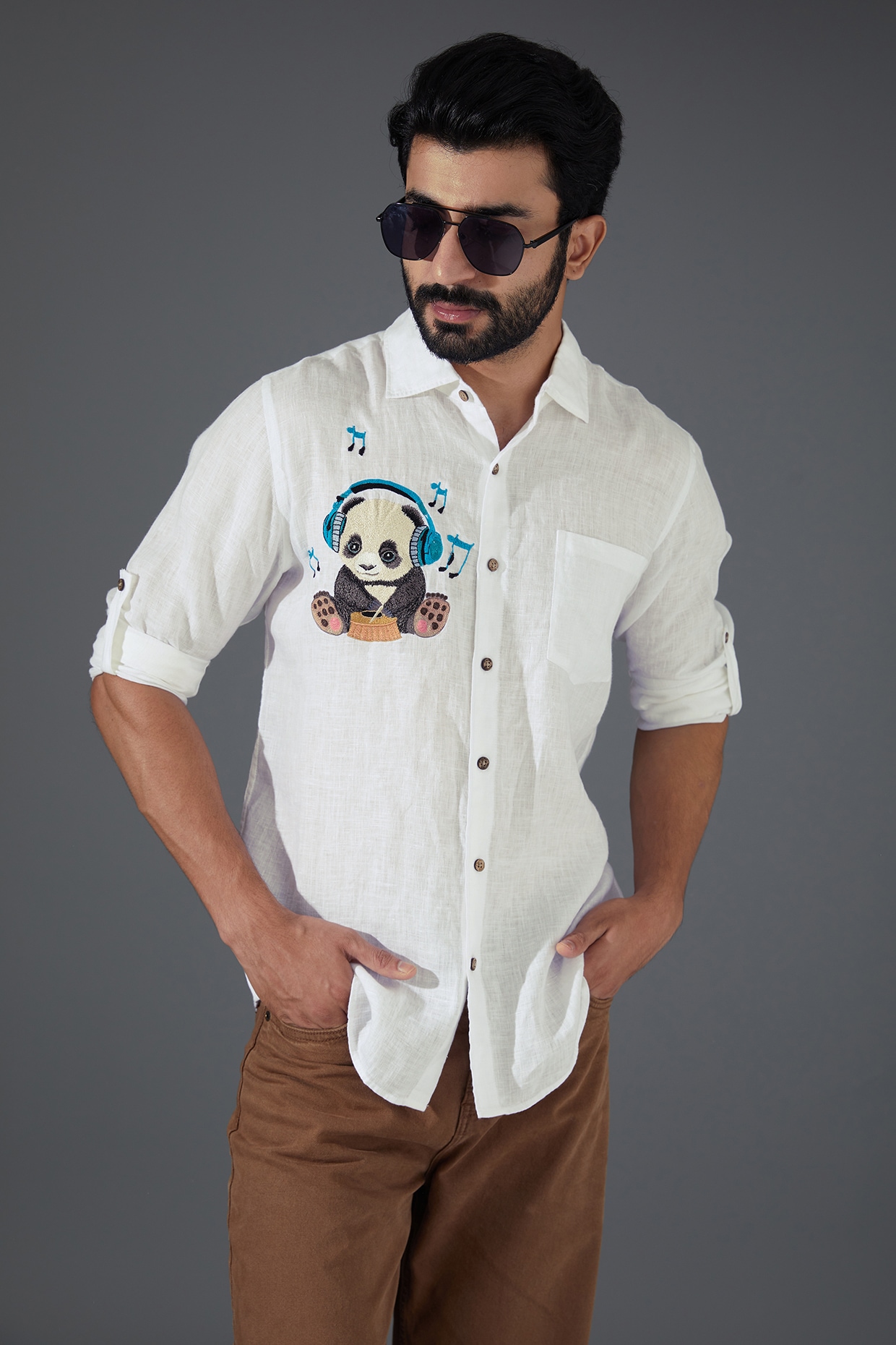 White Pure Linen Embroidered Shirt Design by Linen Bloom Men at Pernia's  Pop Up Shop 2024