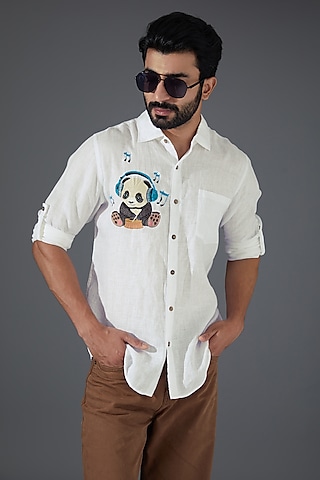White Pure Linen Embroidered Shirt by Linen Bloom Men